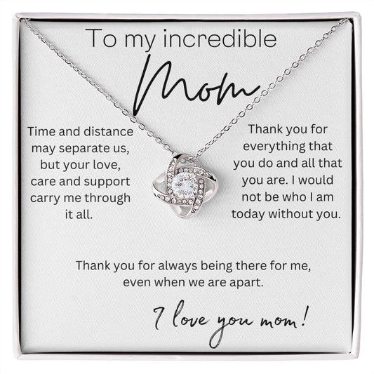Gift for Mom | Time and Distance May Separate Us | Premium 14K White Gold Finish - Love Knot Necklace | Meaningful Mother's Day Gift | Gift Idea for Mom | Birthday gift for mom